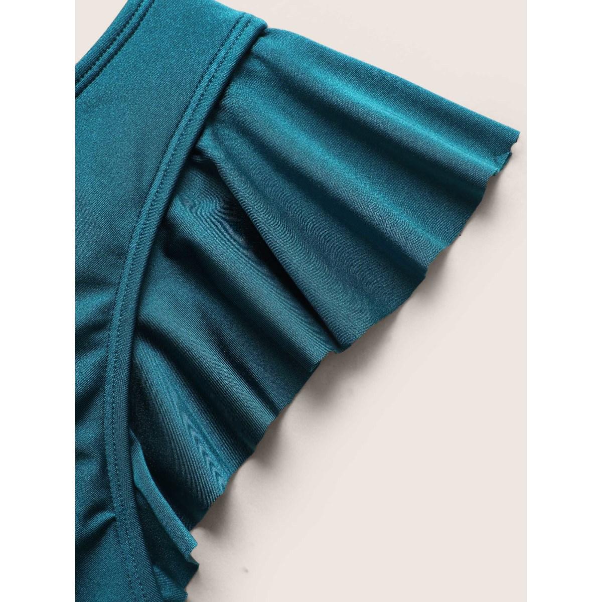 Plus Size Solid Wrap Ruffle Cap Sleeve Swim Top Women's Swimwear Cyan Beach Pleated High stretch Skinny Overlap Collar Curve Swim Tops BloomChic 30/6X Product Image