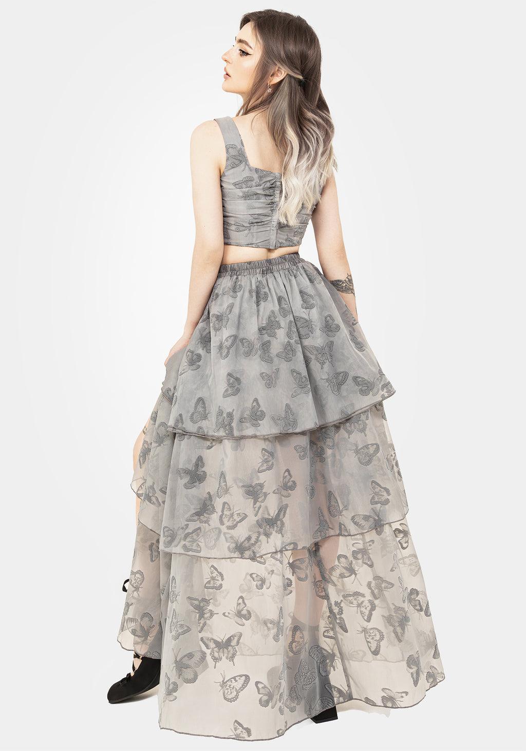 Vanessa Butterfly Print Organza Front Split Tiered Maxi Skirt Product Image