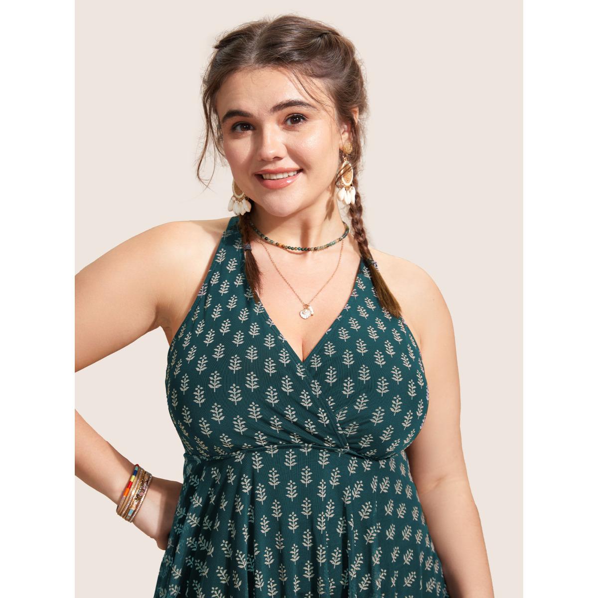 Plus Size Overlap Collar Boho Print Patchwork Swim Dress Women's Swimwear Cyan Beach Bodycon Overlap Collar High stretch Curve Swim Dresses BloomChic 22-24/3X Product Image