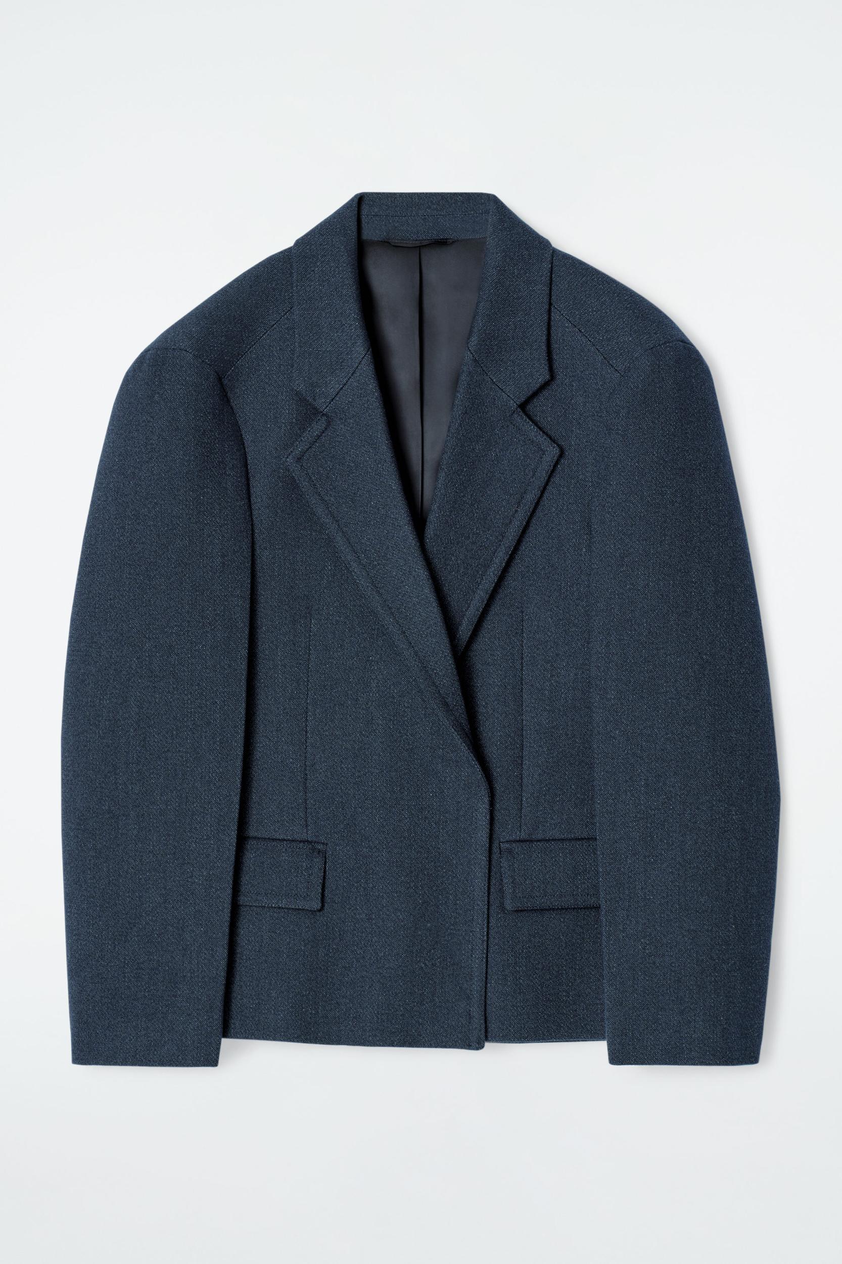 OVERSIZED EXAGGERATED-SHOULDER DENIM-LOOK BLAZER Product Image