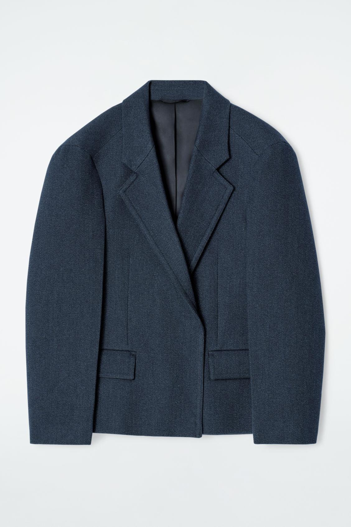 OVERSIZED EXAGGERATED-SHOULDER DENIM-LOOK BLAZER Product Image