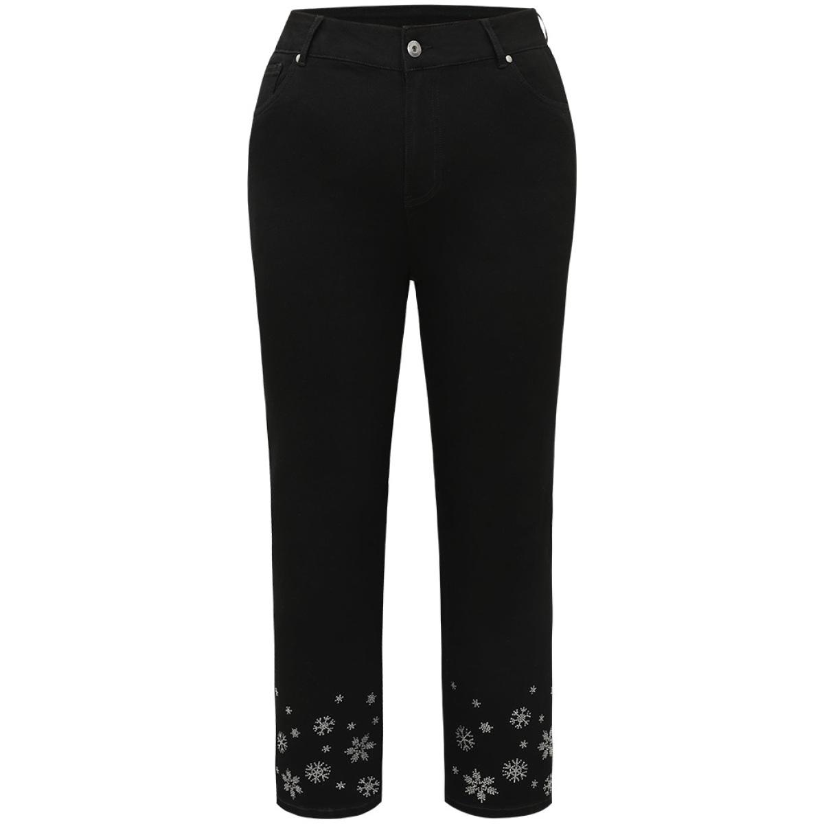Plus Size Snowflake Rhinestone Very Stretchy Jeans Women Black Casual Graphic-Christmas Rhinestone detailing High stretch Pocket Jeans BloomChic 22/3X Product Image
