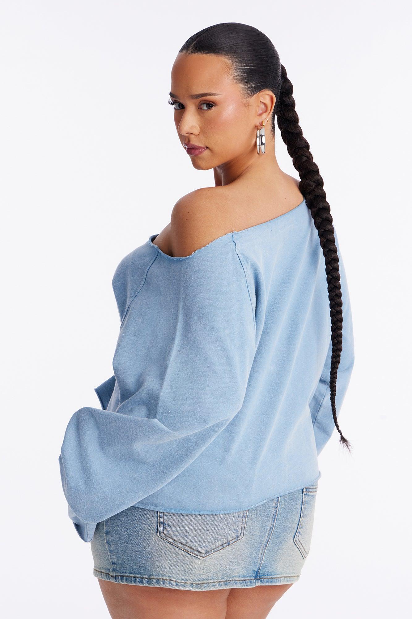 Keep It Cute Off Shoulder Sweatshirt - Blue Female Product Image