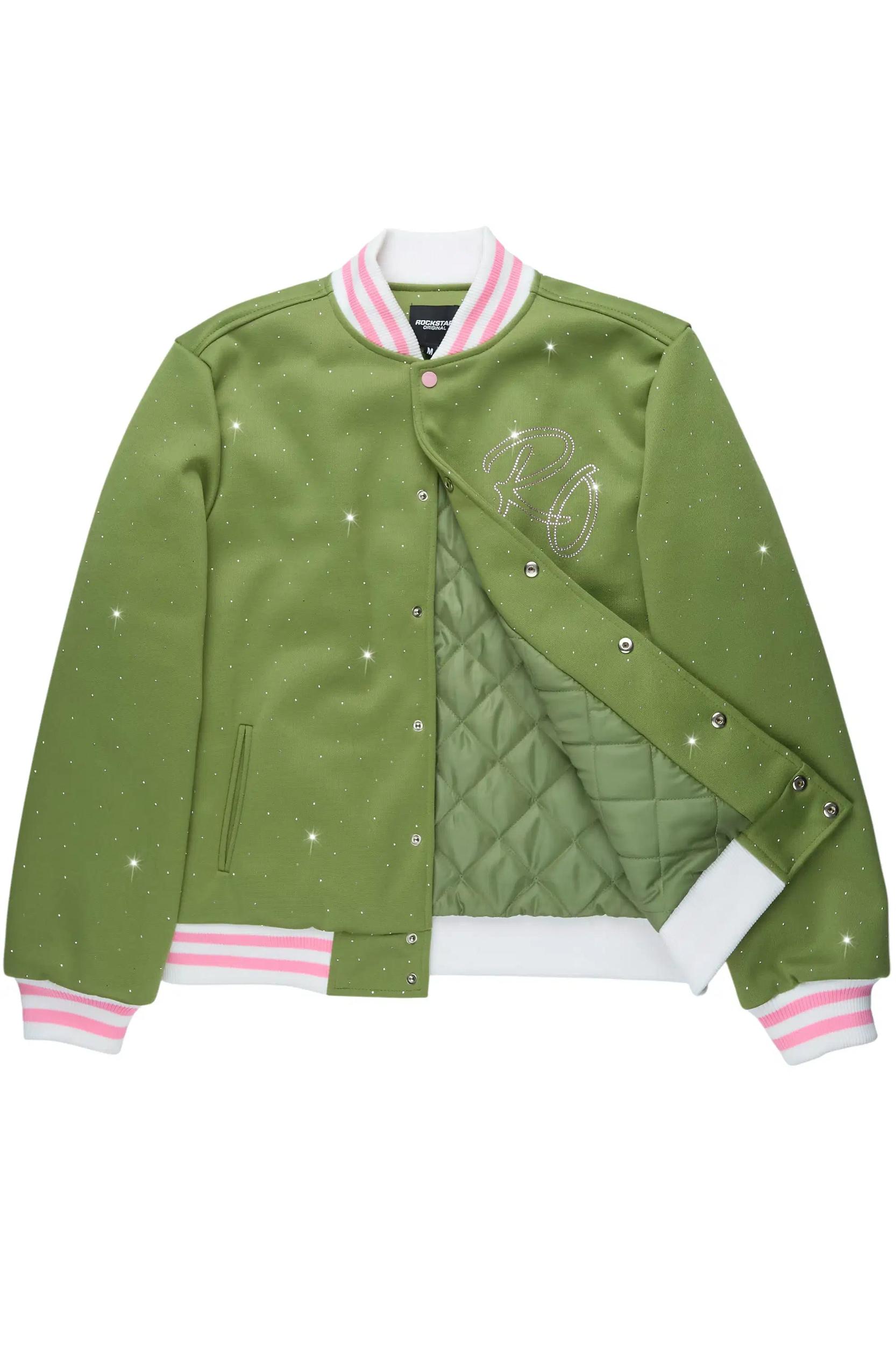 Alonza Green/Pink Rhinestone Varsity Jacket Female Product Image