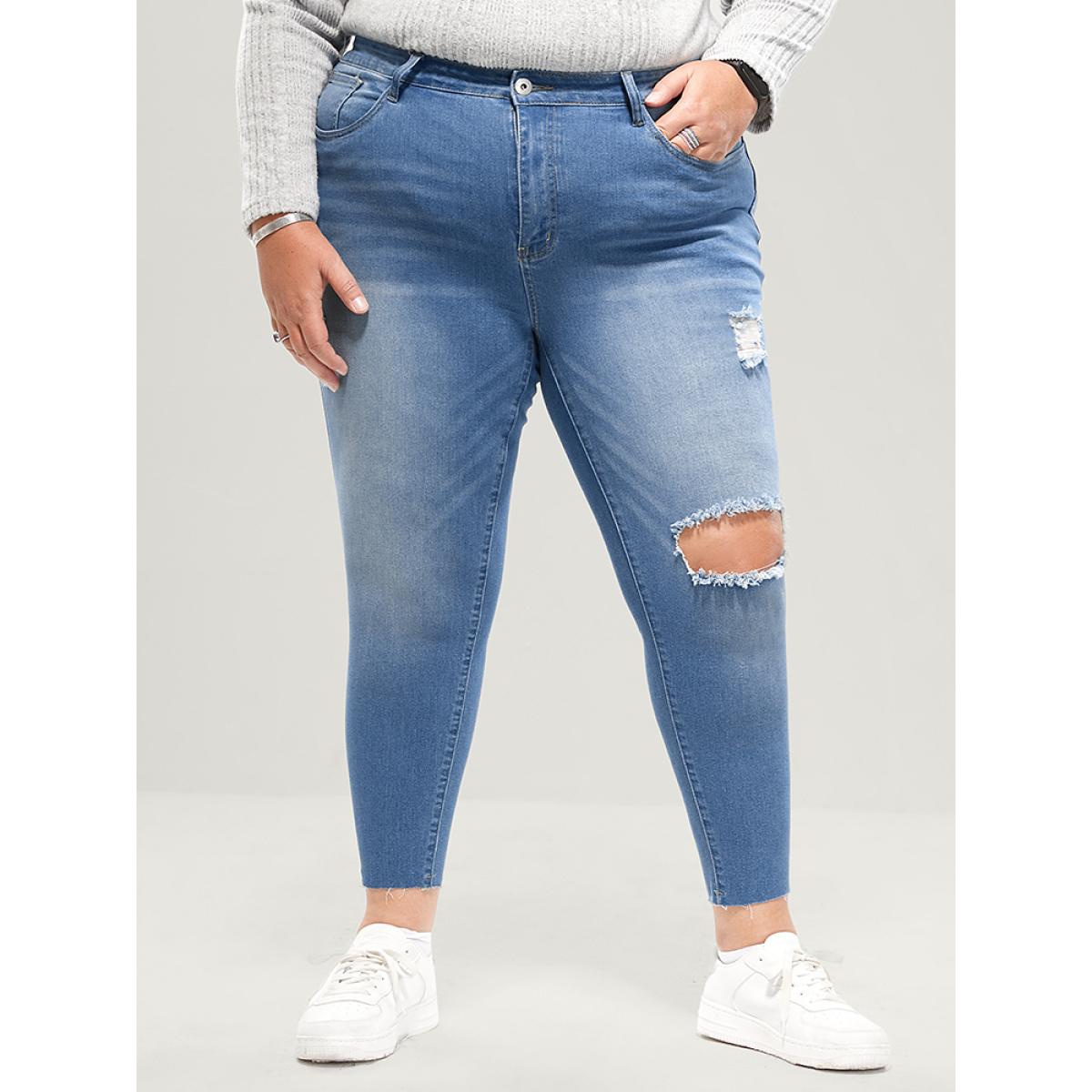 Plus Size Skinny Very Stretchy High Rise Medium Wash Distressed Jeans Women LightBlue Casual Plain High stretch Pocket Jeans BloomChic 14/1X Product Image