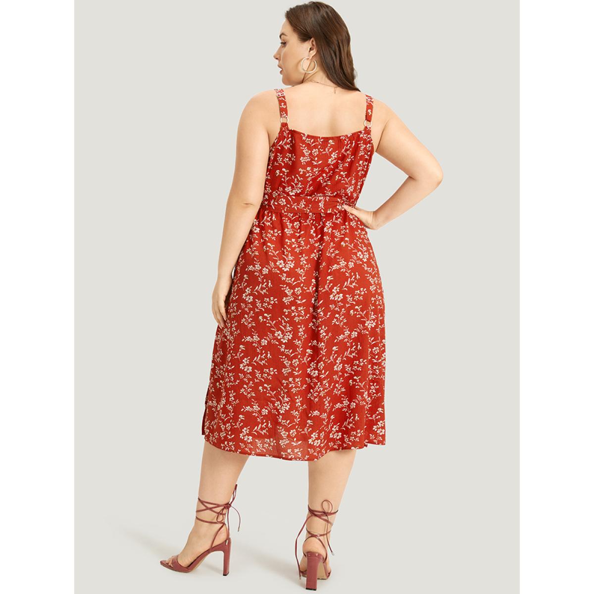 Plus Size Ditsy Floral Button Detail Belted Split Hem Cami Dress Red Women Elegant Belted Spaghetti Strap Sleeveless Curvy Midi Dress BloomChic 26/4X Product Image