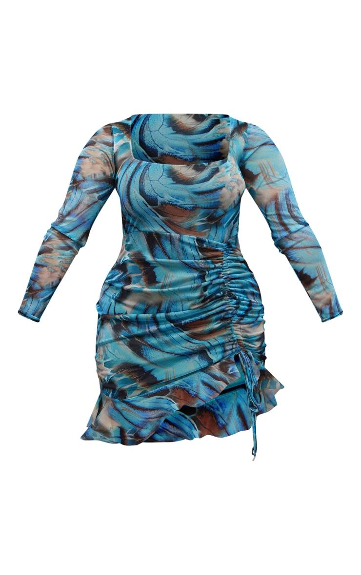Shape Blue Butterfly Print Mesh Long Sleeve Ruched Side Frill Hem Bodycon Dress Product Image