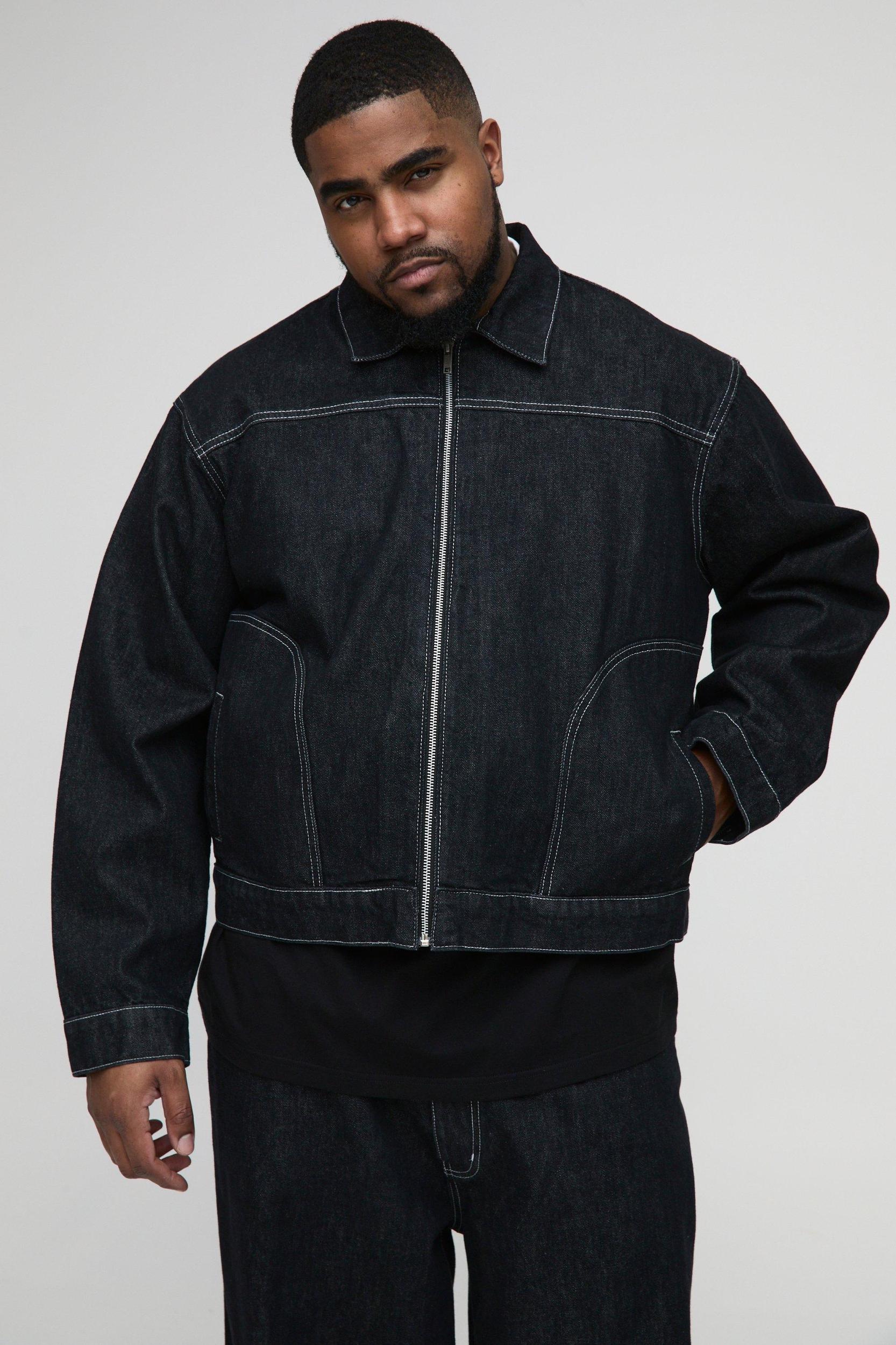 Plus Boxy Contrast Stitch Jean Jacket | boohooMAN USA Product Image