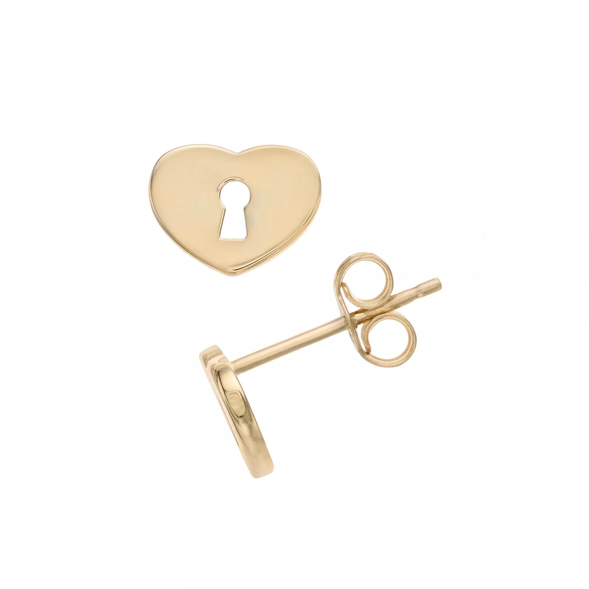 14k Gold Heart Lock Stud Earrings, Women's Product Image