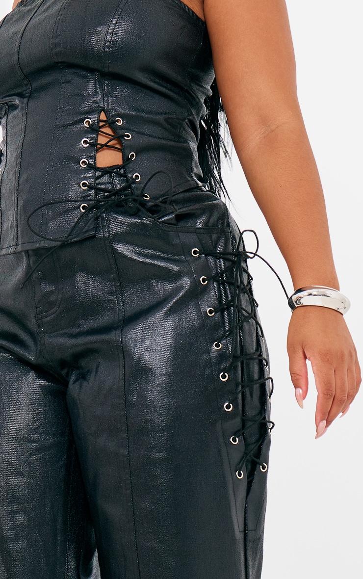 Plus Black Coated Denim Lace Up Wide Leg Jeans Product Image