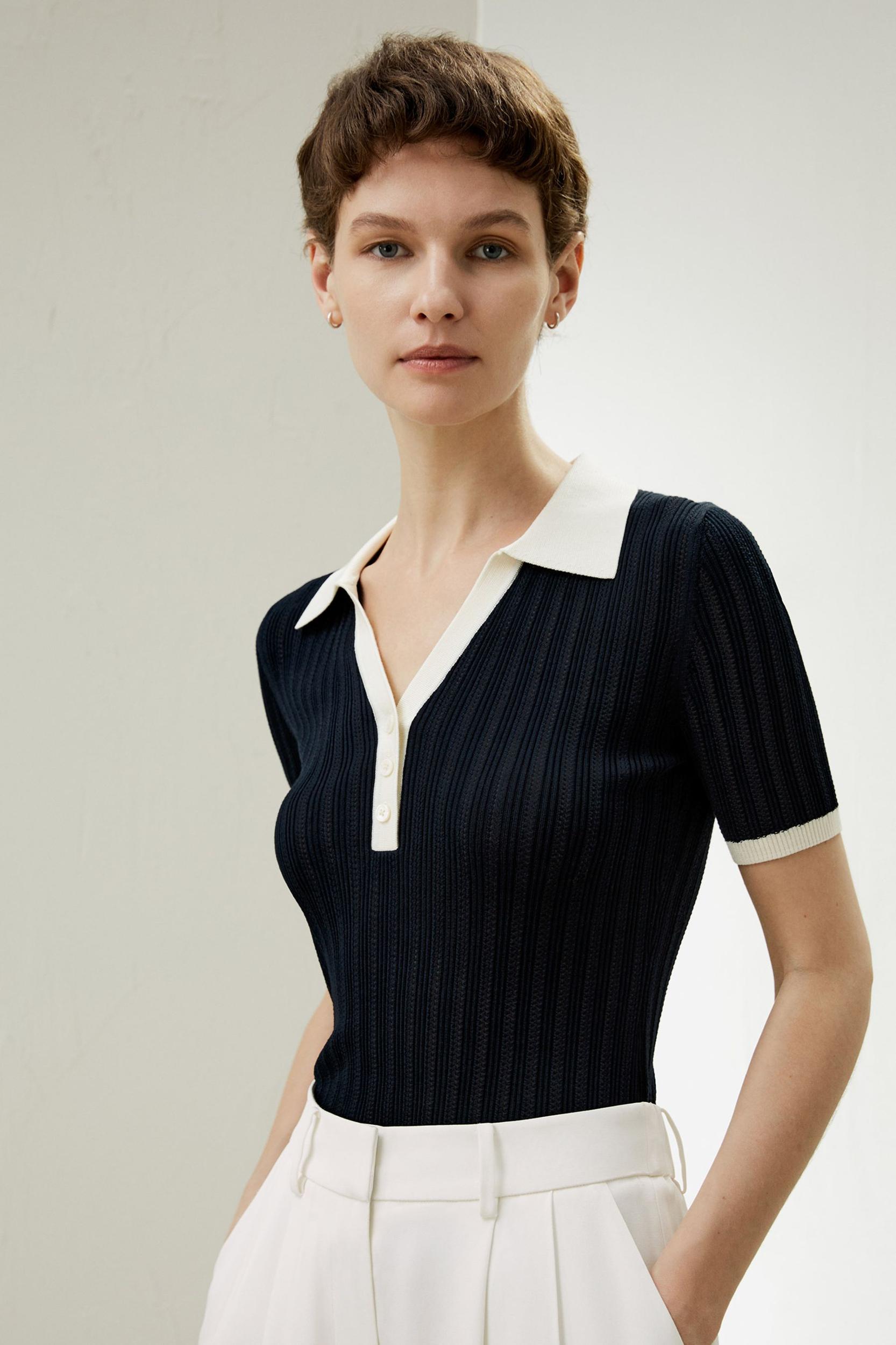 V Neck Ribbed Silk Knit Top Product Image