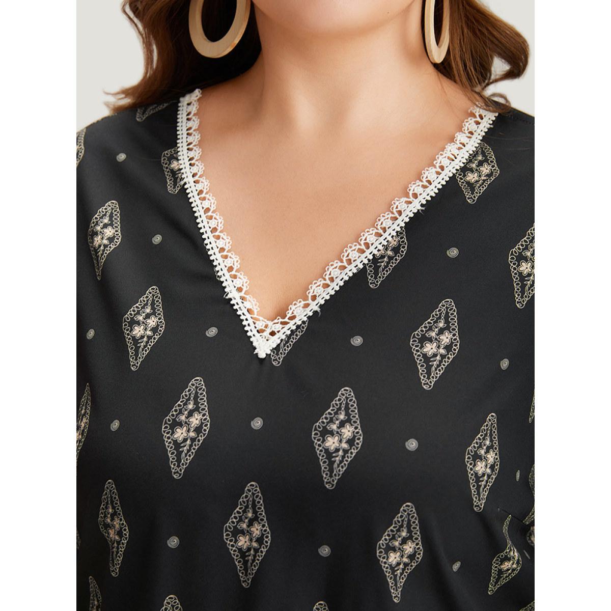 Plus Size Black Boho Print Guipure Lace V Neck Bell Sleeve Blouse Women Vacation Elbow-length sleeve V-neck Dailywear Blouses BloomChic 26/4X Product Image