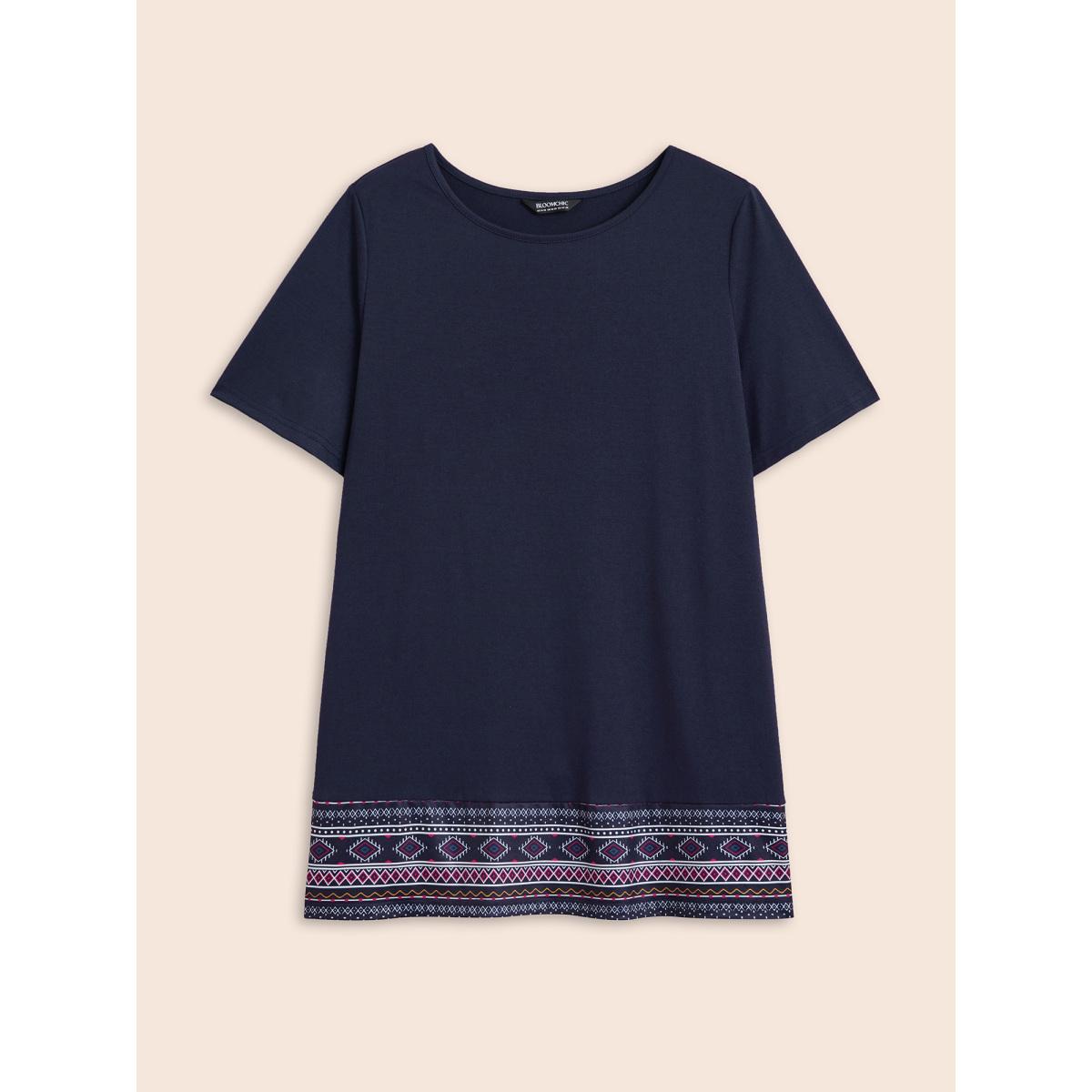 Plus Size Crew Neck Bandana Patchwork Split Hem T-shirt Midnight Women Casual Contrast Art&design Round Neck Everyday T-shirts BloomChic 14-16/1X Product Image