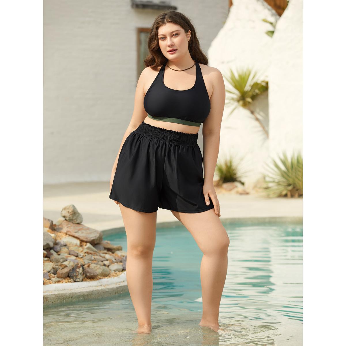 Plus Size Shirred Pocket Elastic Waist Swim Bottom Women's Swimwear Black Beach Shirred High stretch Bodycon High Rise Side seam pocket Curve Swim Bottoms BloomChic 10/M Product Image