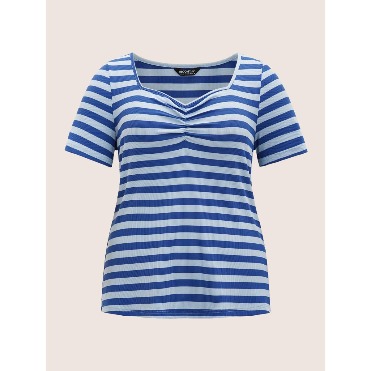 Plus Size Heart Neckline Striped Pit Strip Ruched T-shirt Brightblue Women Casual Gathered Heart neckline Everyday T-shirts BloomChic 28/5X Product Image