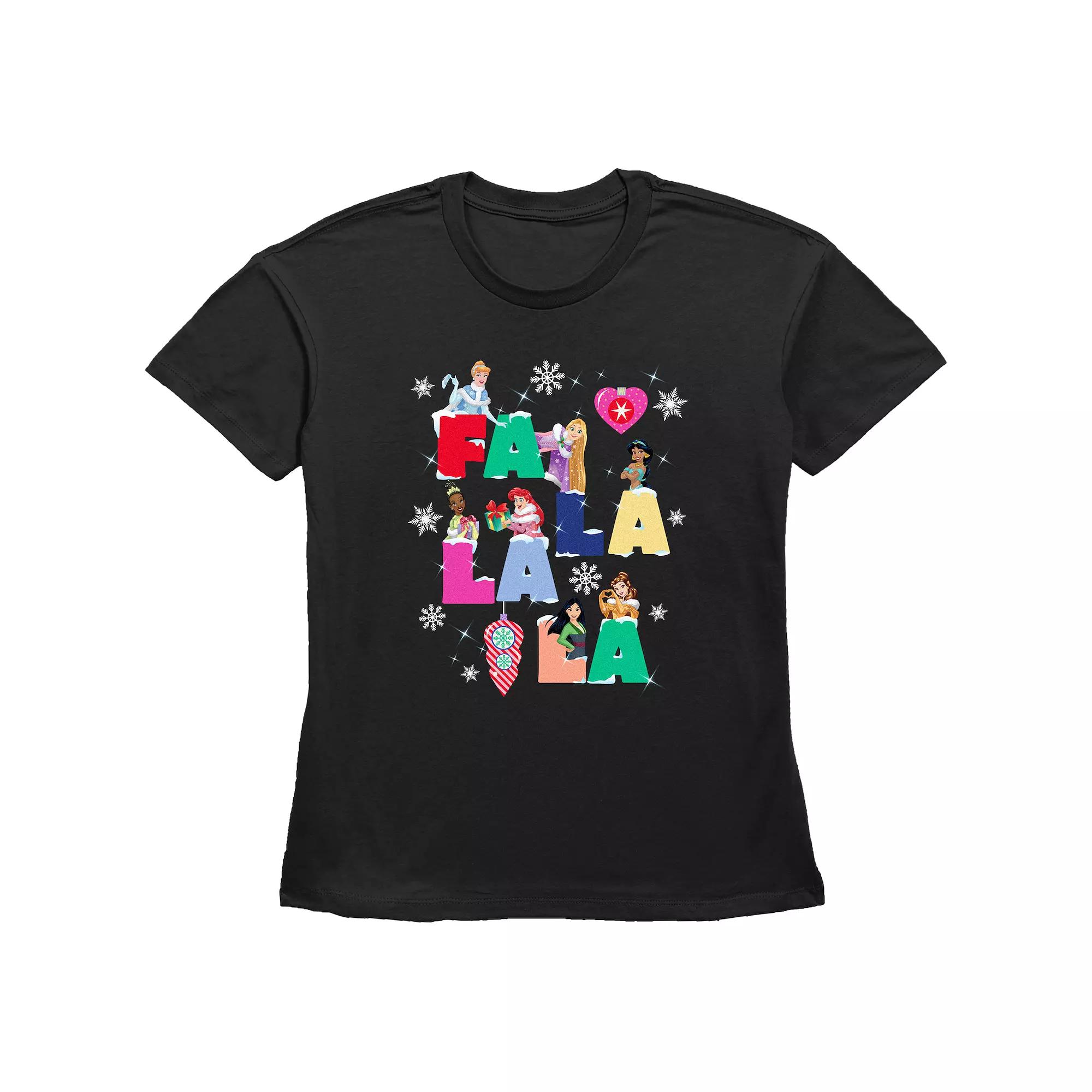 Disney Princess Cinderella, Rapunzel, Jasmine, Tiana, Ariel, Mulan & Belle Fa La La La Christmas Singing Women's Graphic Tee,  Product Image