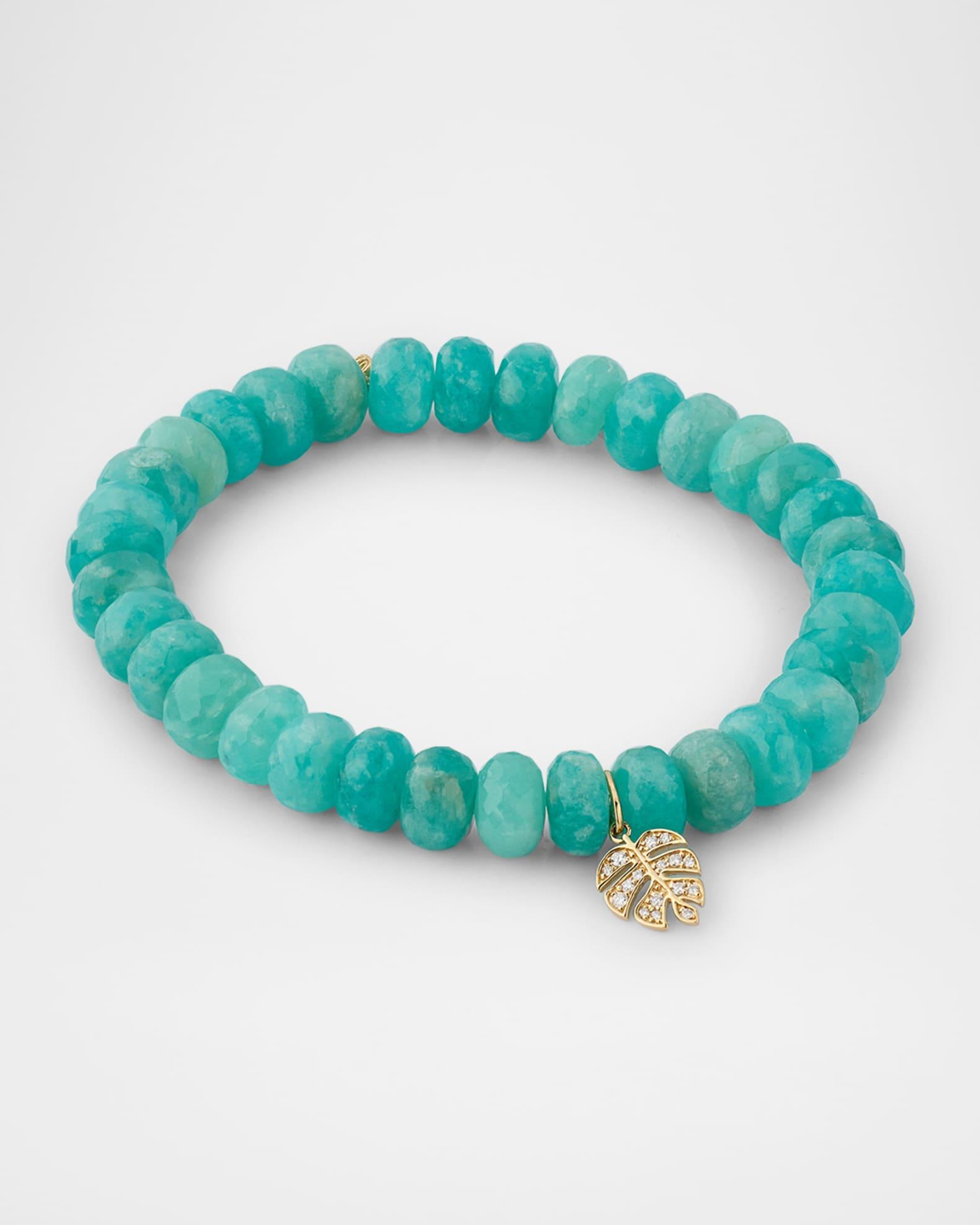 14K Gold Diamond Pave Leaf Charm Amazonite Beaded Bracelet Product Image