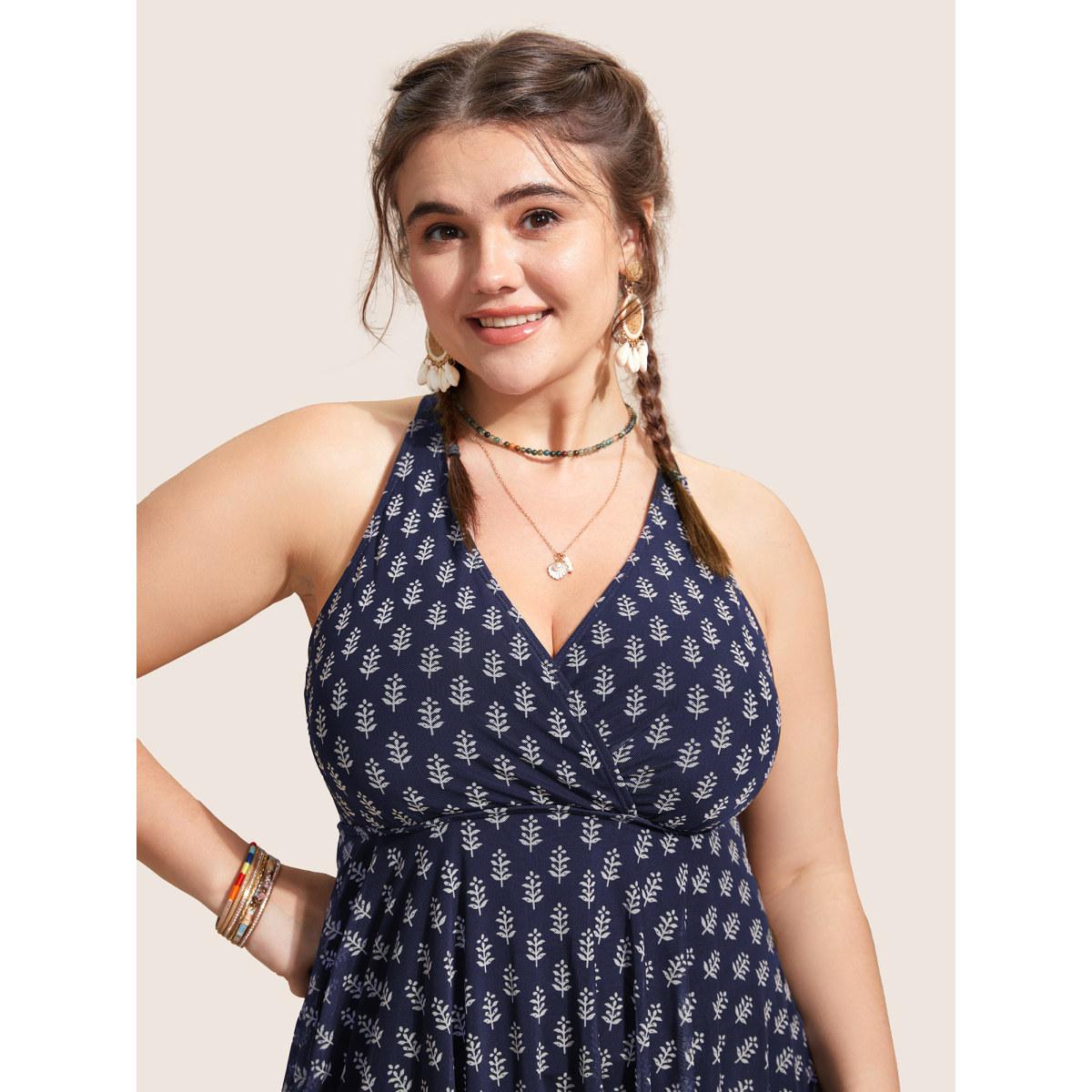 Plus Size Overlap Collar Boho Print Patchwork Swim Dress Women's Swimwear Indigo Beach Bodycon Overlap Collar High stretch Curve Swim Dresses BloomChic 12/L Product Image