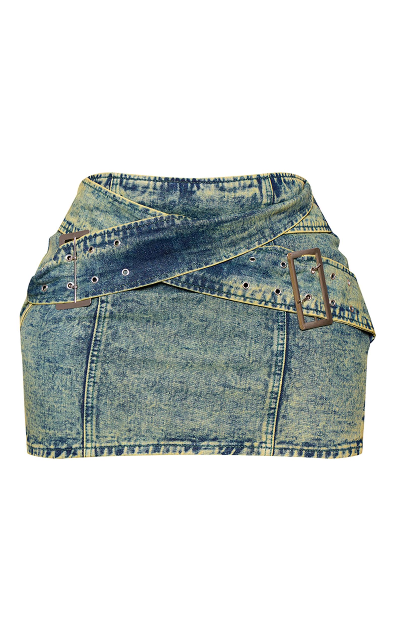 Shape Washed Green Denim Belted Mini Skirt Product Image