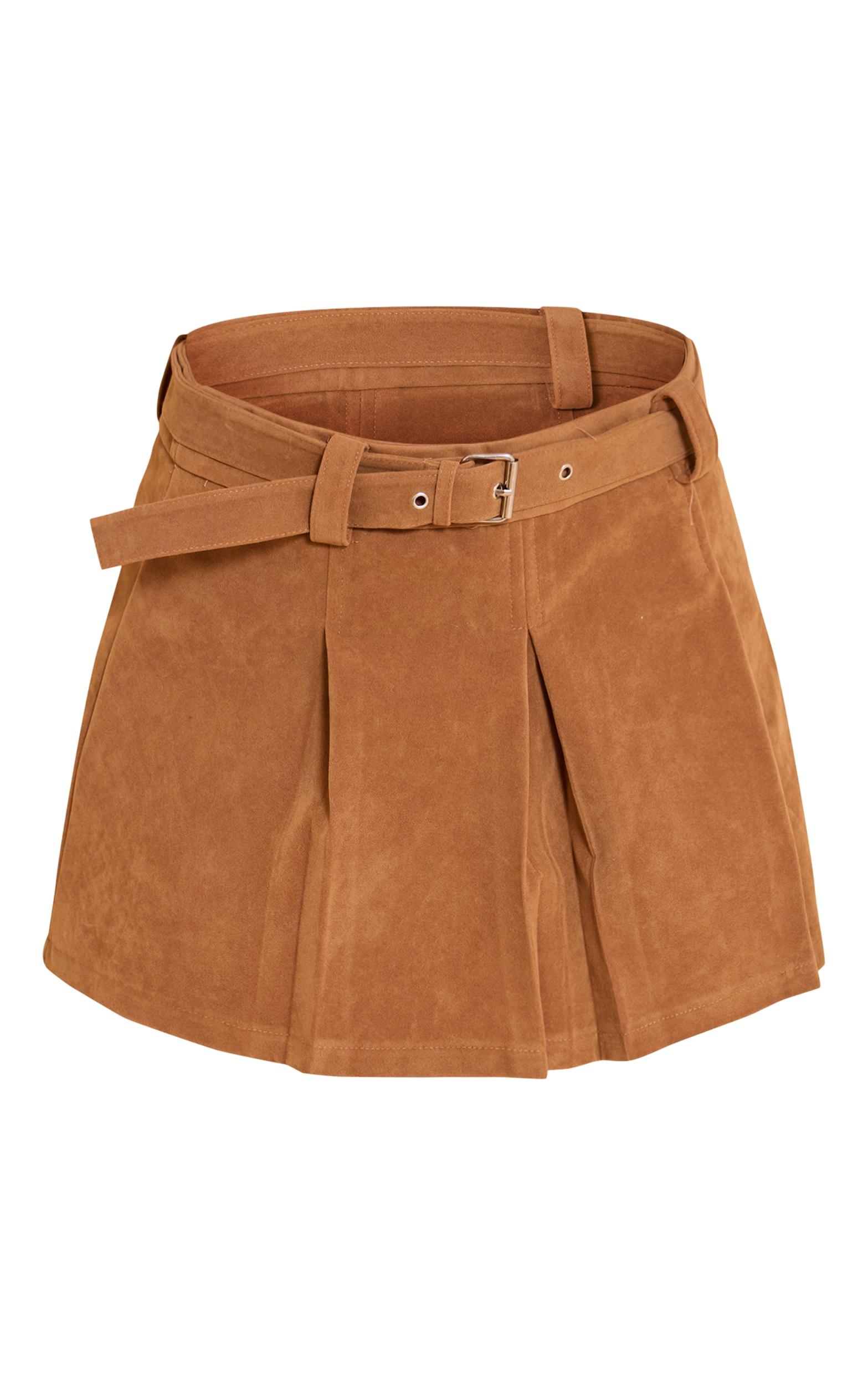 Camel Faux Suede Pleated Mini Skirt Product Image