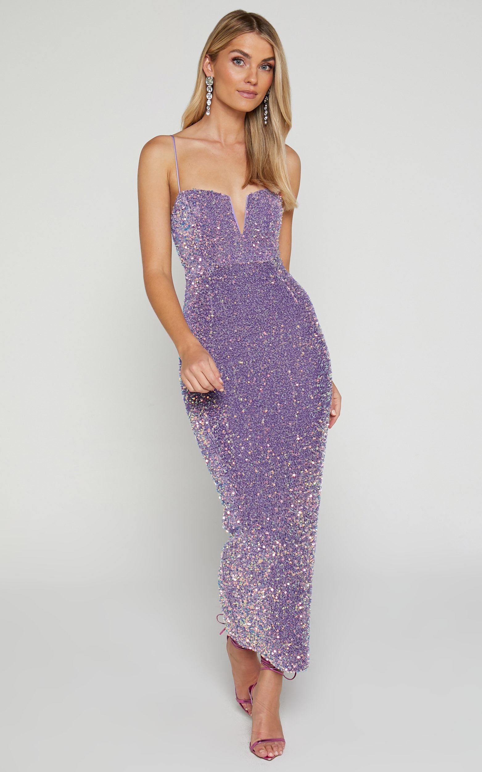 Rayner Midi Dress - V Bar Sequin Bodycon Dress in Lilac Product Image