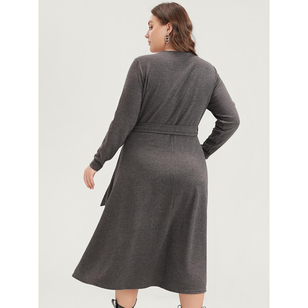 Plus Size Solid Pocket Button Up Belted Rib Knit Dress DarkGray Women Elegant Button V-neck Long Sleeve Curvy Midi Dress BloomChic 14-16/1X Product Image