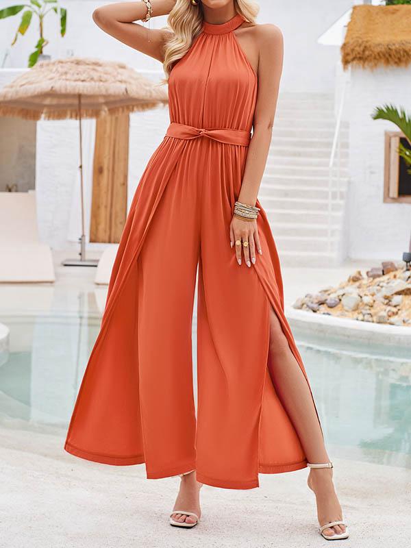 High Waisted Loose Pleated Solid Color Split-Front Tied Waist Halter-Neck Jumpsuits Product Image