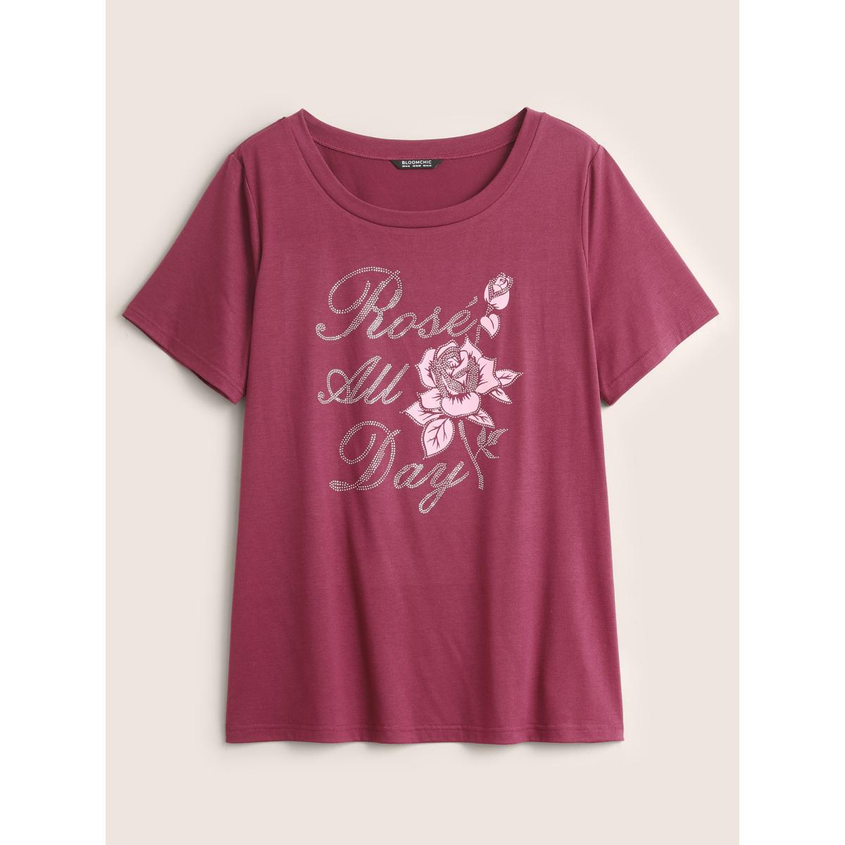 Plus Size Natural Flowers Rhinestone Round Neck T-shirt RedViolet Women Elegant Natural Flowers Everyday T-shirts BloomChic 10/M Product Image