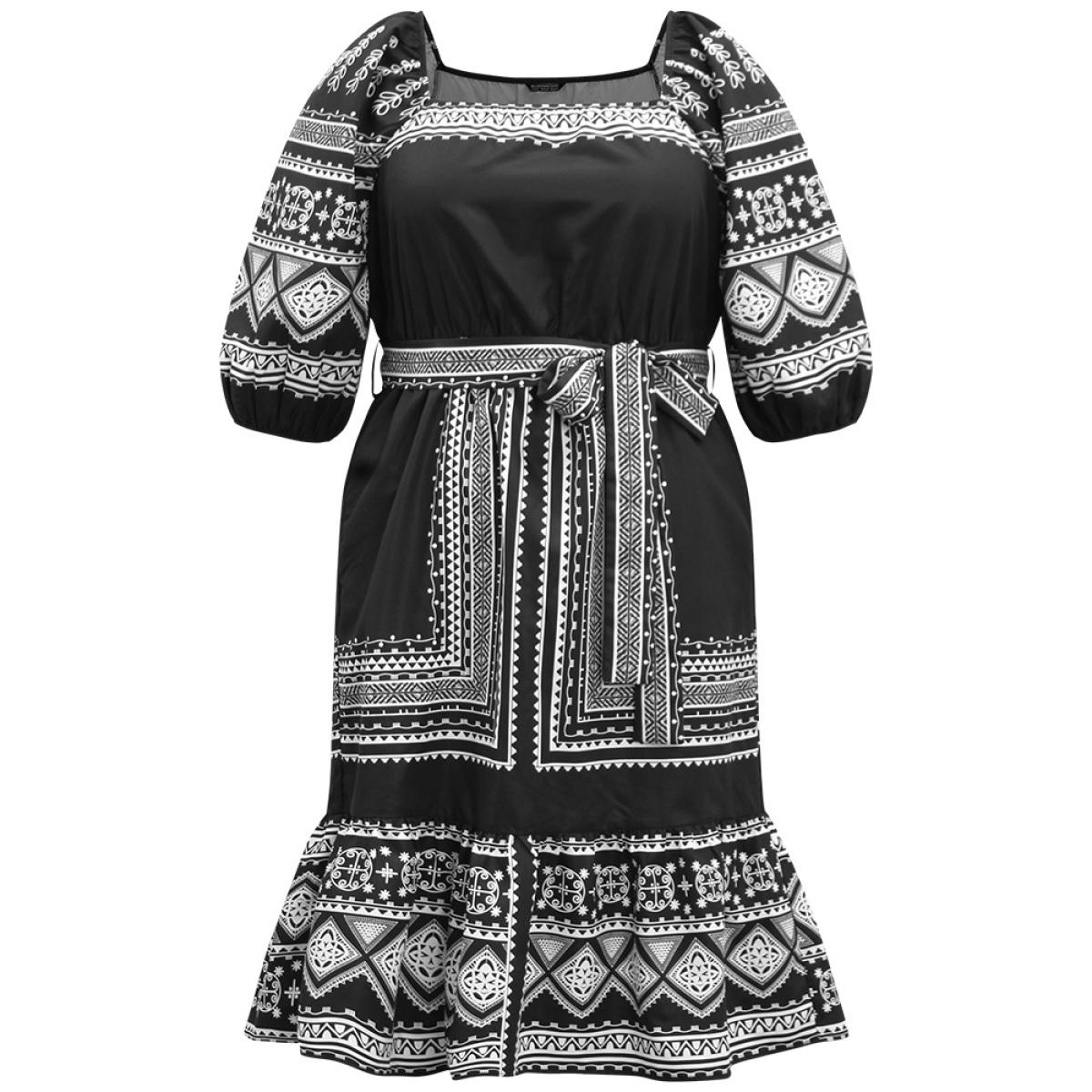 Plus Size Boho Print Square Neck Belted Dress Black Women Vacation Elastic cuffs Square Neck Elbow-length sleeve Curvy Midi Dress BloomChic 30/6X Product Image