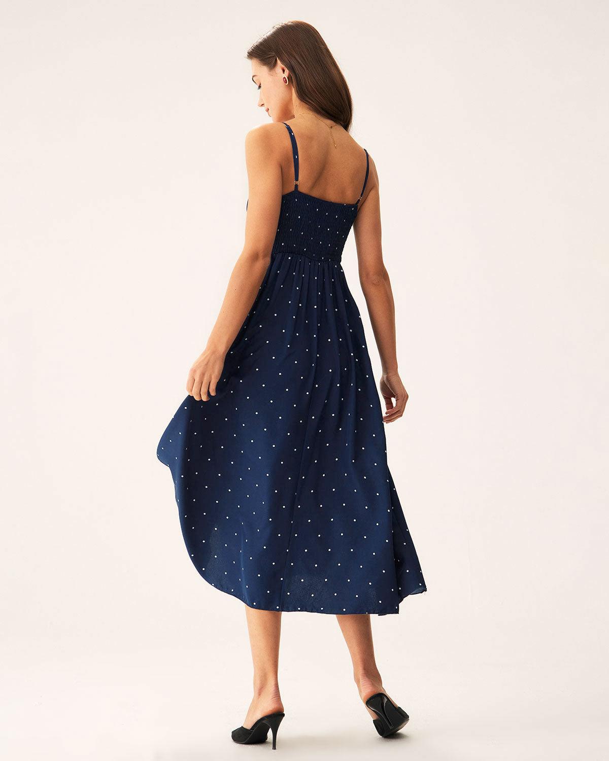 Navy Polka Dot Shirred Slip Midi Dress Product Image