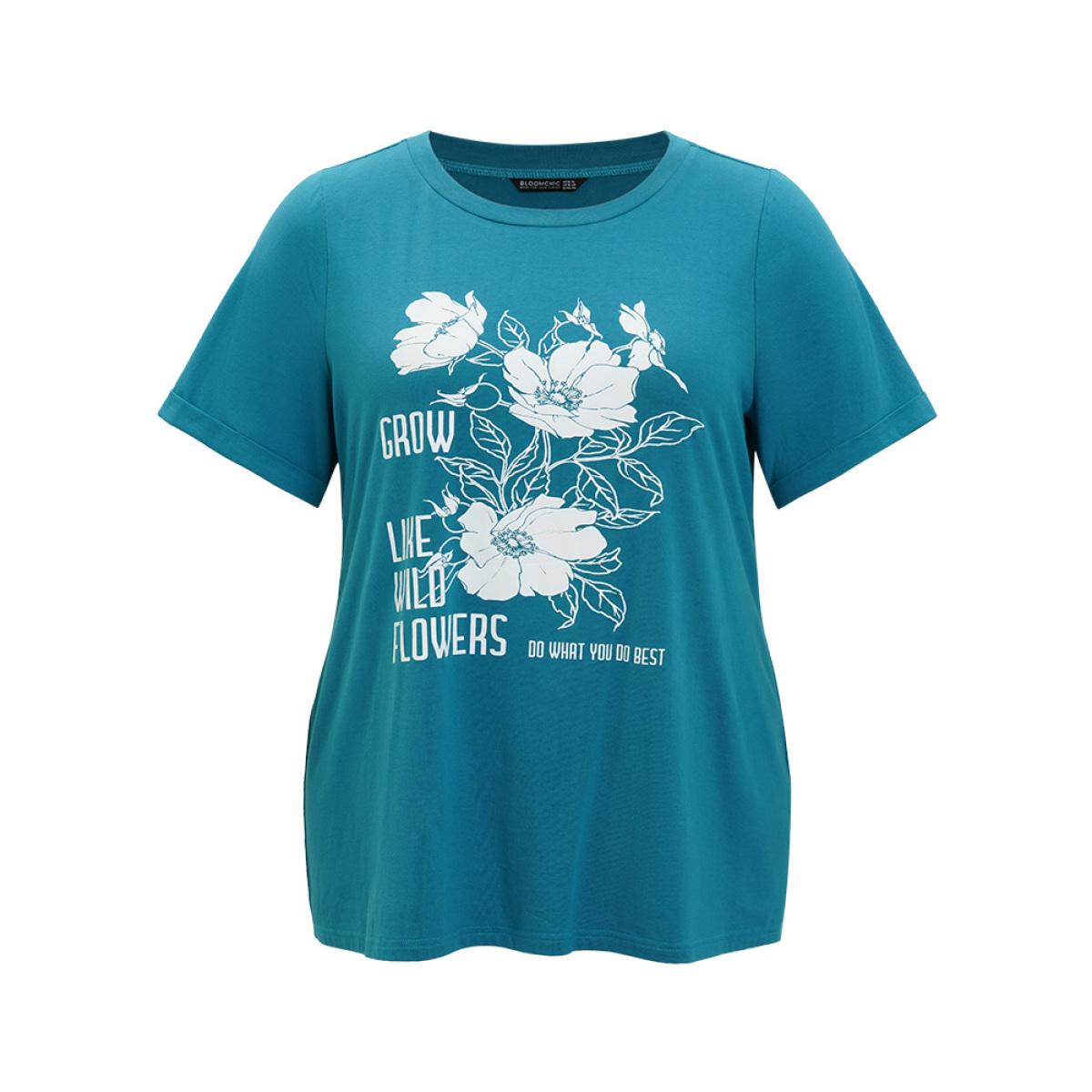 Plus Size Floral & Letter Roll Sleeve T-shirt Cerulean Women Casual Printed Natural Flowers Dailywear T-shirts BloomChic 26/4X Product Image