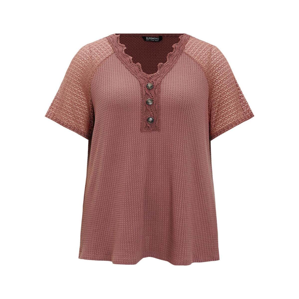 Plus Size Plain Contrast Lace Raglan Sleeve Button Detail T-shirt DustyPink Women Elegant Lace Plain V-neck Dailywear T-shirts BloomChic 10/M Product Image