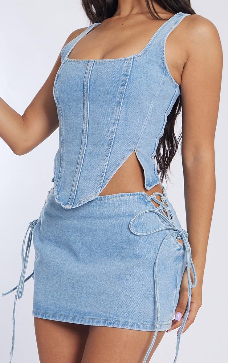 Petite Light Blue Denim Lace Up Mini Skirt Product Image