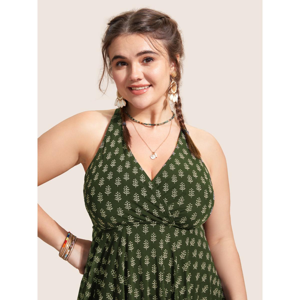 Plus Size Overlap Collar Boho Print Patchwork Swim Dress Women's Swimwear ArmyGreen Beach Bodycon Overlap Collar High stretch Curve Swim Dresses BloomChic 18-20/2X Product Image