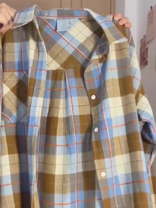 Vintage Contrast Plaid Print Long Sleeve Blouse Product Image