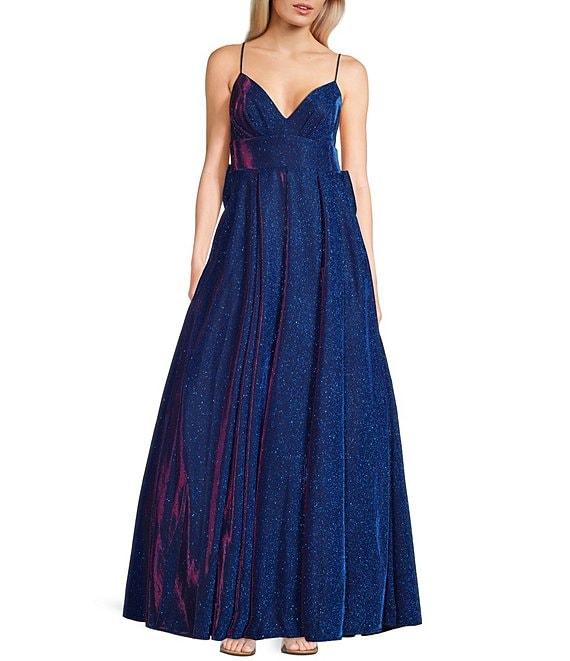 B. Darlin V-Neck Spaghetti Strap Bow Back Gown Product Image