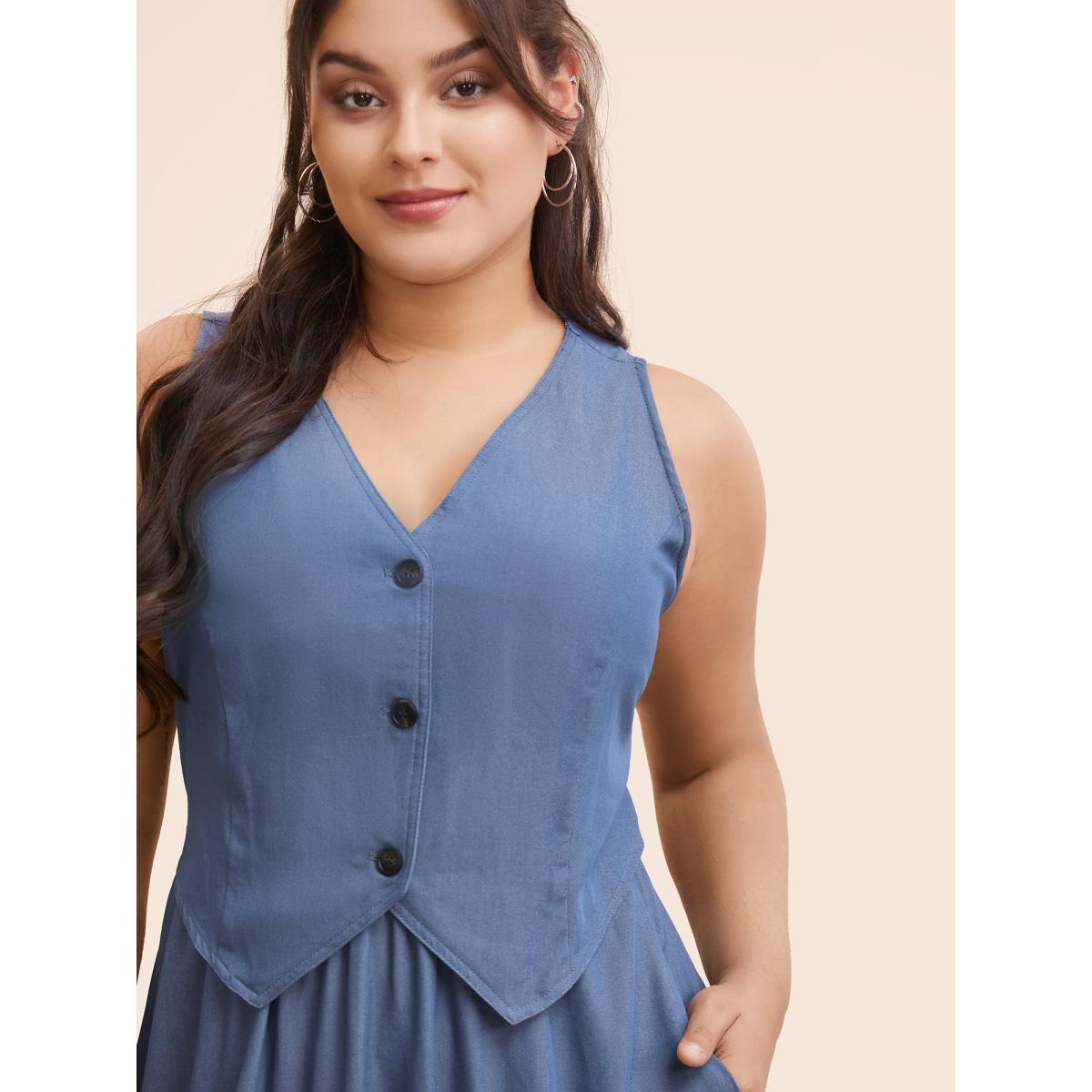 Plus Size V Neck 2 In 1 Bodycon Dress DarkBlue Women Casual Button V-neck Sleeveless Curvy BloomChic 12/L Product Image