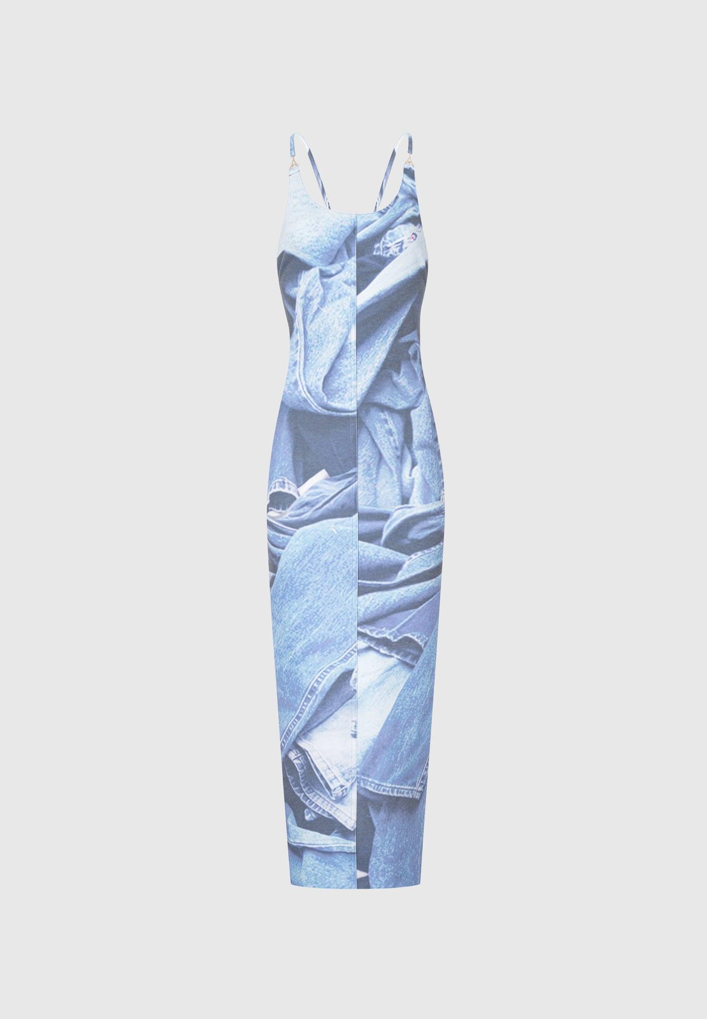 Printed Denim Effect Maxi Dress - Blue Female Product Image