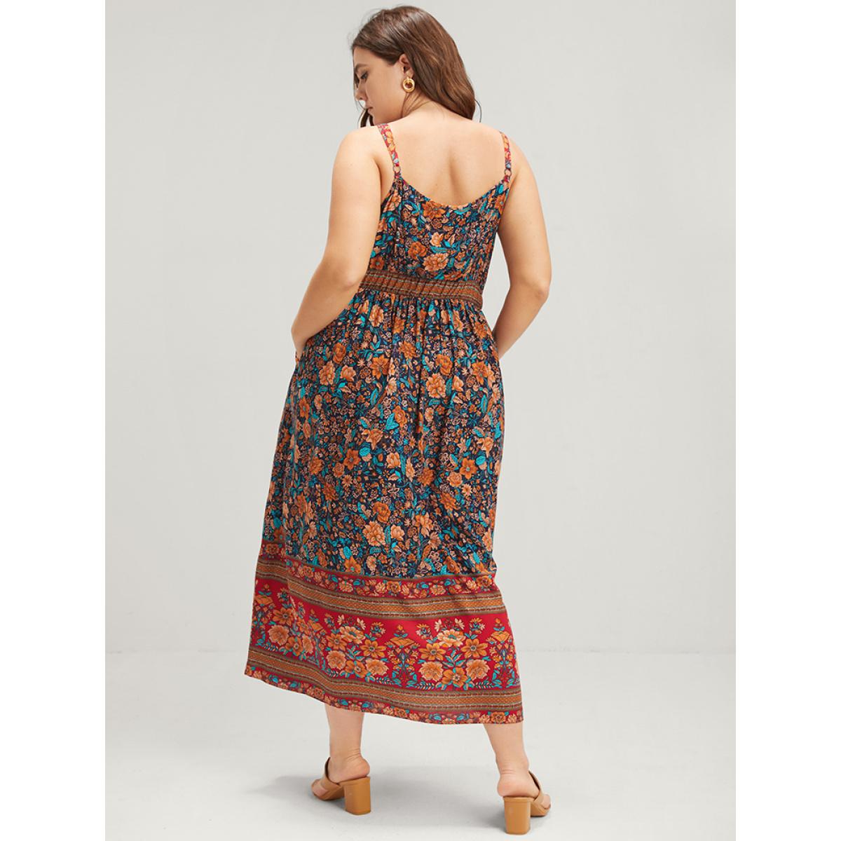 Plus Size Floral Gathered Button Pocket Cami Maxi Dress DarkBlue Women Casual Pocket V-neck Sleeveless Curvy Long Dress BloomChic 30/6X Product Image