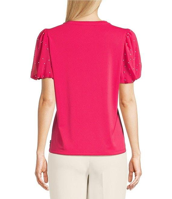 KARL LAGERFELD PARIS Mixed Media Crew Neck Short Puff Sleeve Embellished Top Product Image
