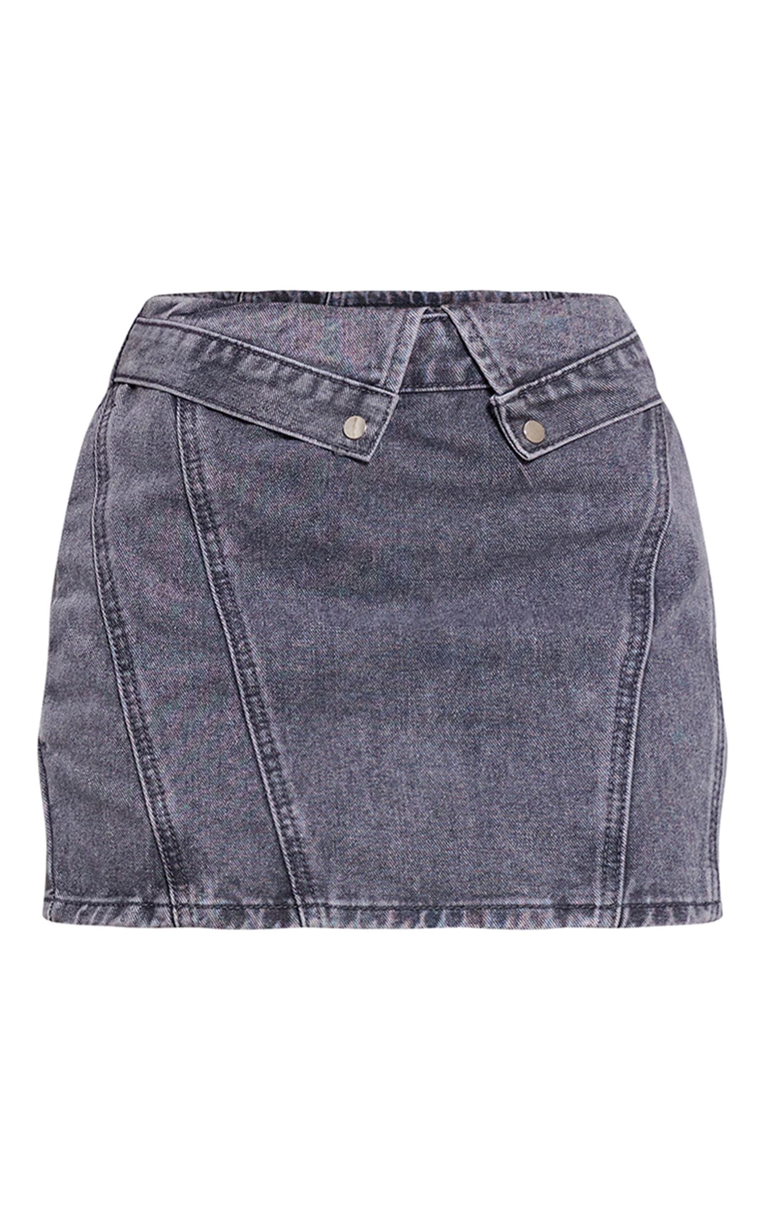 Petite Washed Grey Denim Mid Rise Fold Over Mini Skirt Product Image