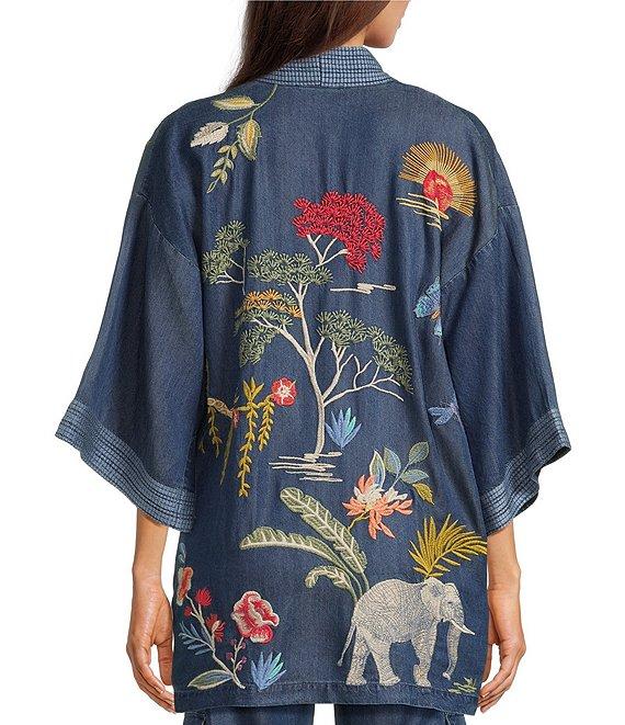 JOHNNY WAS Jane Lightweight Denim Embroidered Open Front 3/4 Bell Sleeve Kimono Jacket Product Image