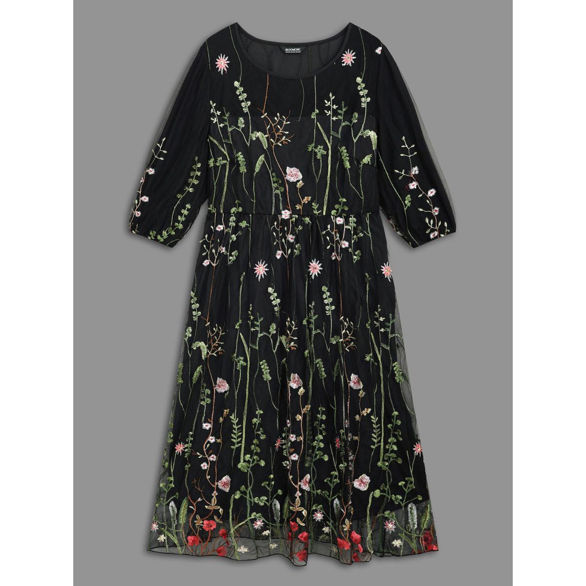 Plus Size Floral Embroidered Elastic Waist Lined Midi Dress Black Women Formal Texture Party Curvy Bloomchic 10/M Product Image