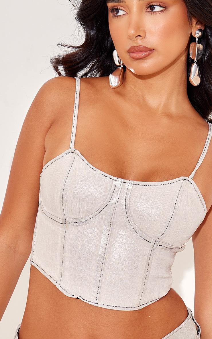 Petite Silver Metallic Denim Corset Top Product Image