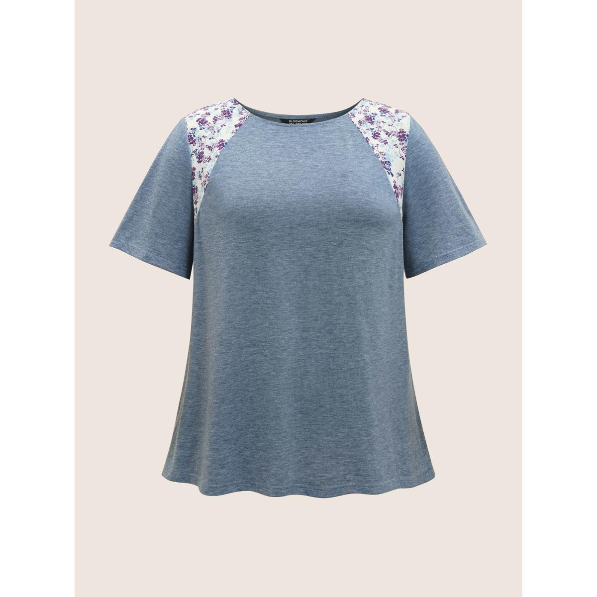 Plus Size Ditsy Floral Patchwork High Low Hem T-shirt Stone Women Elegant Non Natural Flowers Round Neck Everyday T-shirts BloomChic 14-16/1X Product Image