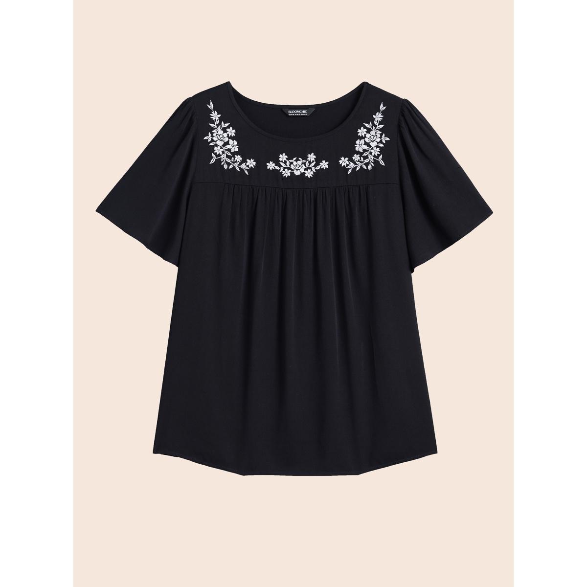 Plus Size Black Floral Embroidery Pleated Front Blouse Women Elegant Short sleeve Round Neck Everyday Blouses BloomChic 18-20/2X Product Image