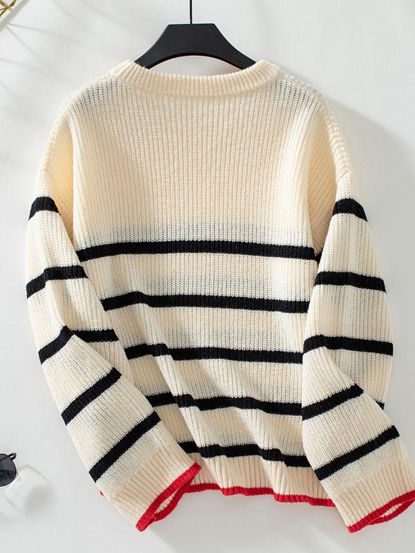 Long Sleeves Loose Contrast Color Split-Joint Striped Round-Neck Pullovers Sweater Tops Product Image