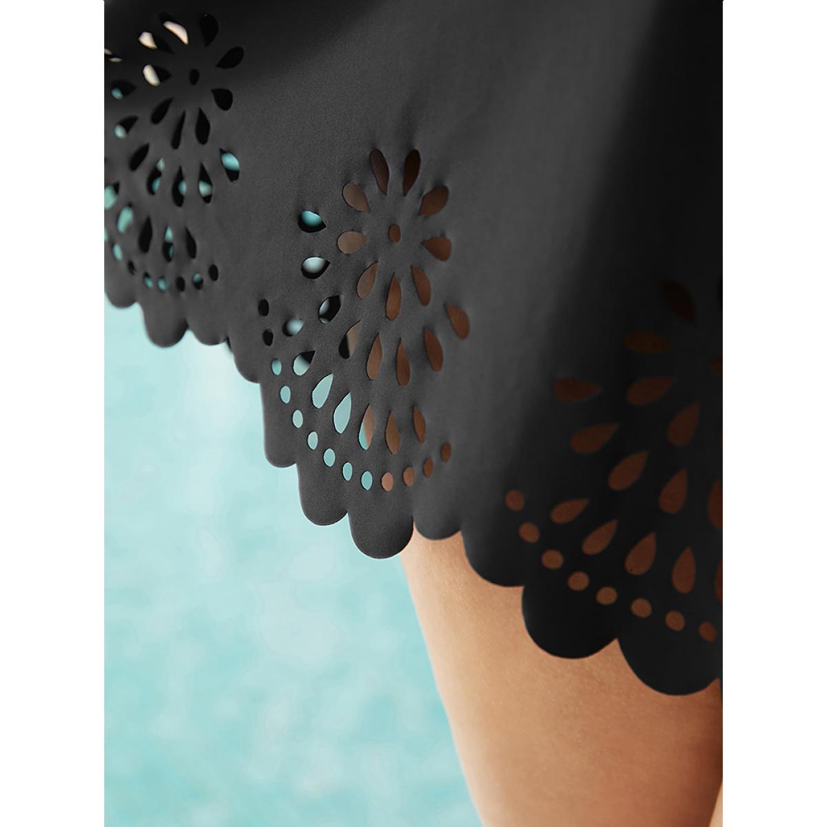 Plus Size Laser Cut Ruched Drawstring A Line Swim Dress Women's Swimwear Black Resort Bodycon Heart neckline High stretch Curve Swim Dresses BloomChic 18-20/2X Product Image
