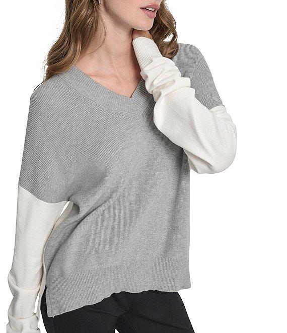 DKNY by Donna Karan Colorblock V-Neck Long Sleeve Sweater Product Image