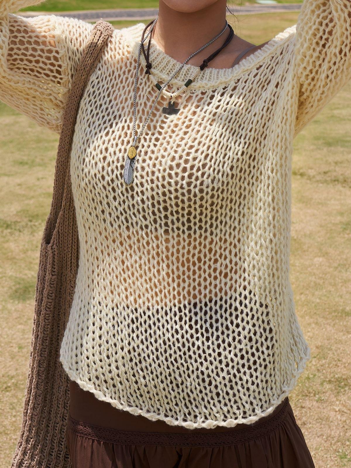Crochet Hollow Long Sleeve Knit Top Product Image